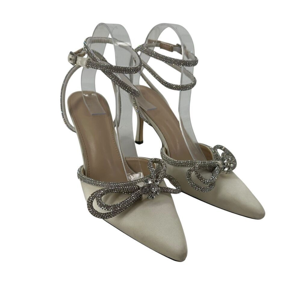 Wedding Heels Diamond Bow Off White Satin Wrap Around Ankle Pointed Toe SZ 9.5
